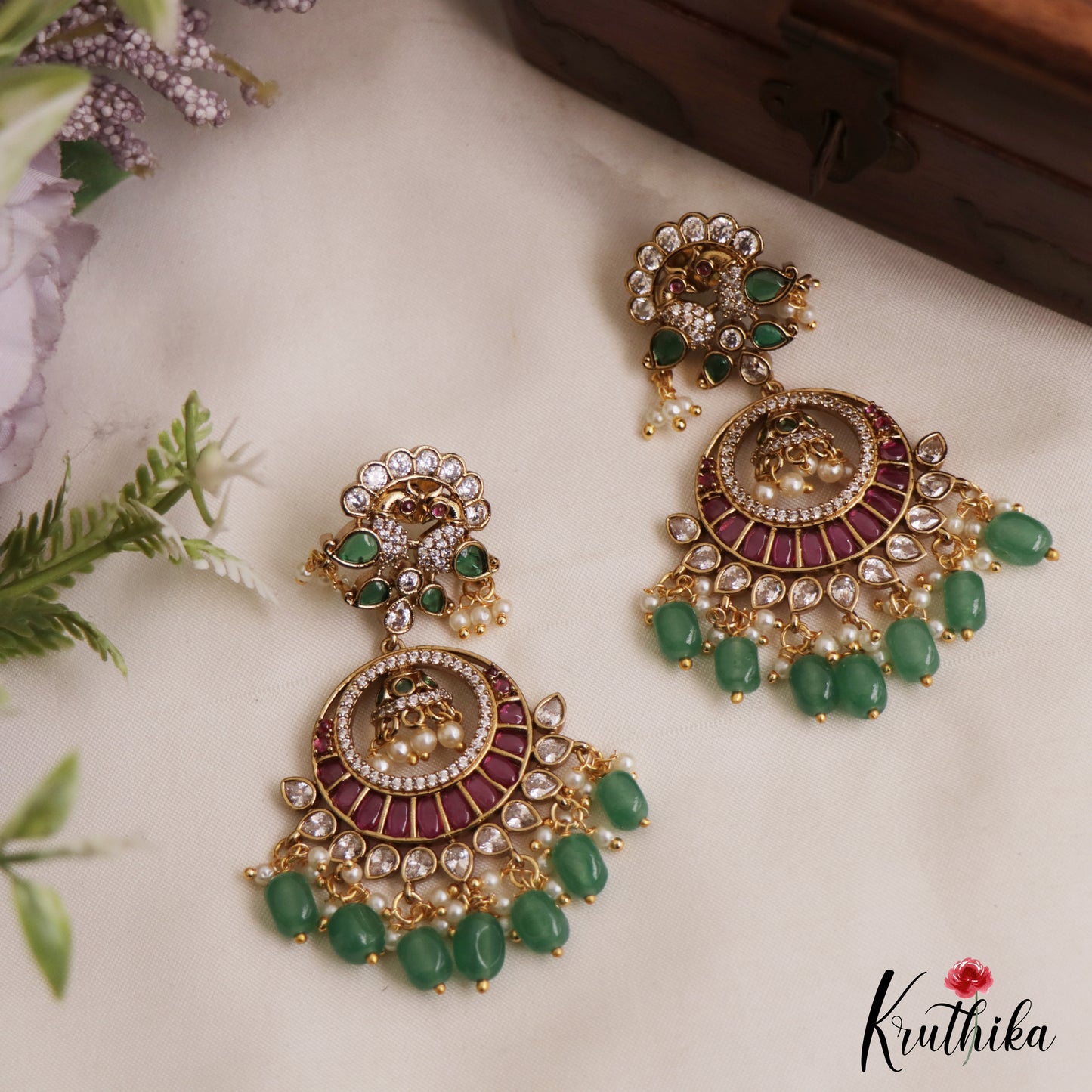 Beautiful Peacock Motifs Chandbali Jadau Earrings With Green Bead Drops E1094