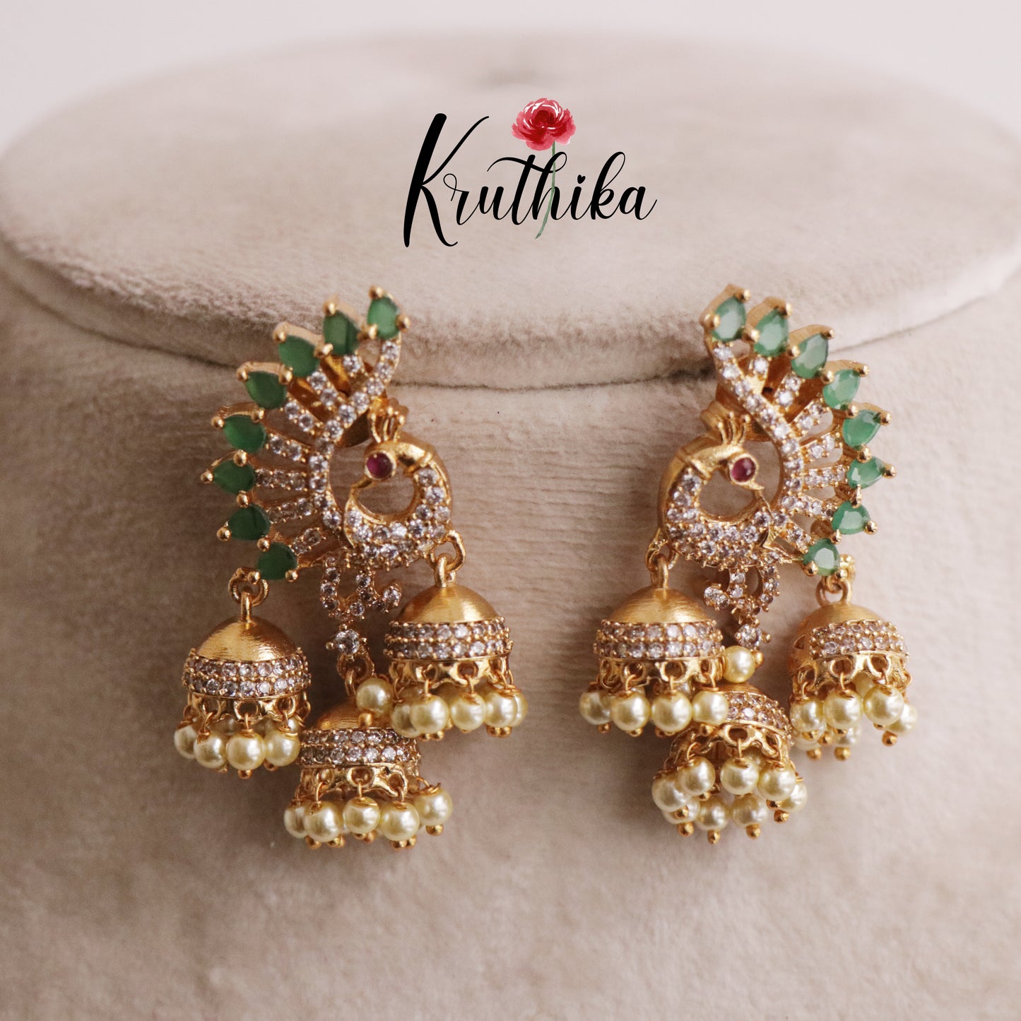 Beautiful AD Peacock Triple Jhumkas E518