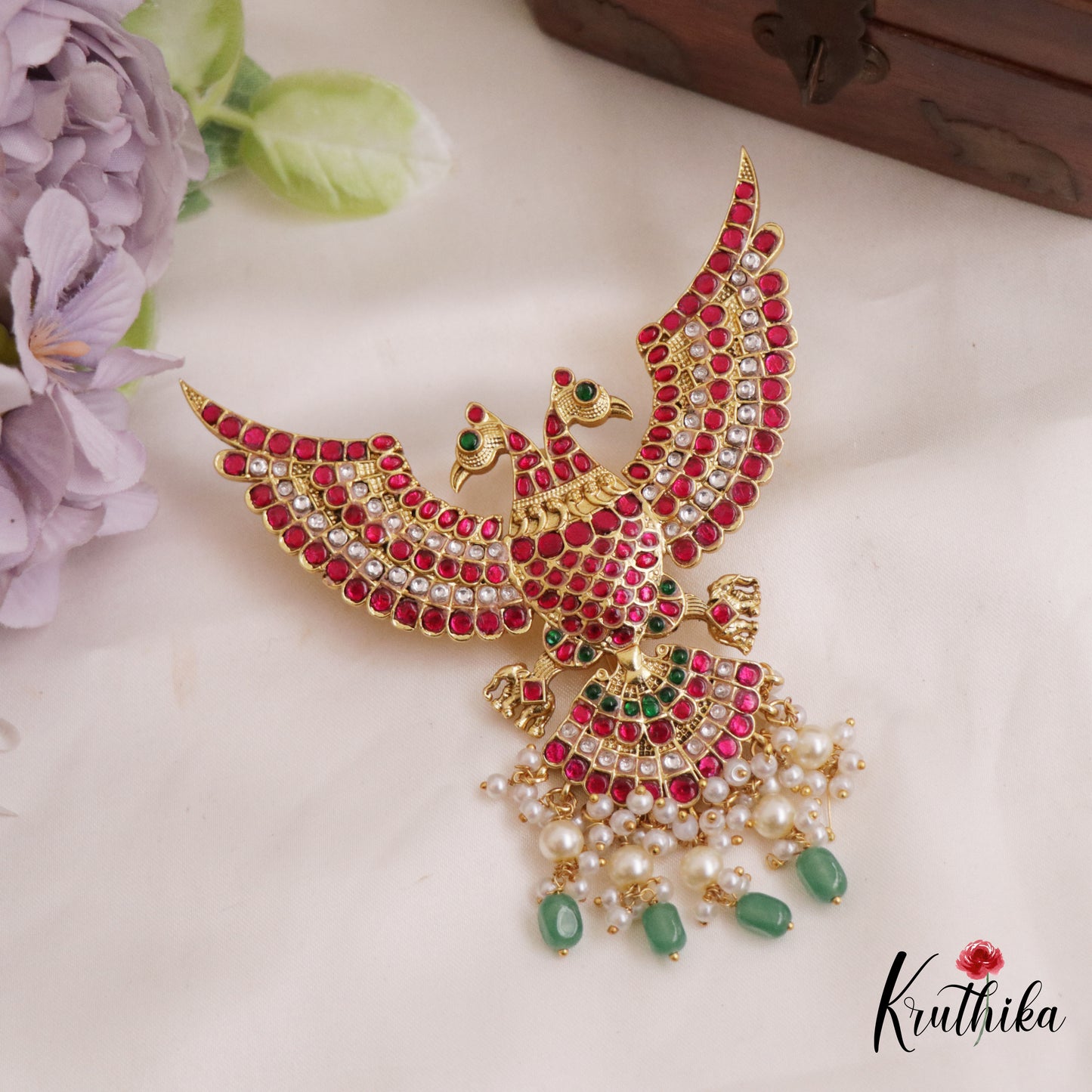 Premium Gandaberunda Jadau Pendant with Pearl And Beads Drops PS253 (Available In 2 Colors)