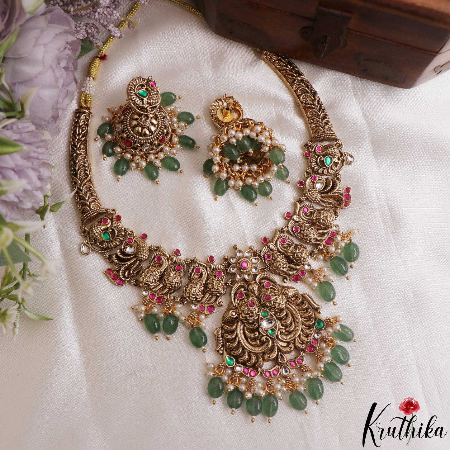 Gorgeous Antique Peacock Motifs Temple Necklace With Bead Drops NC3139 (Available In 2 Colors)