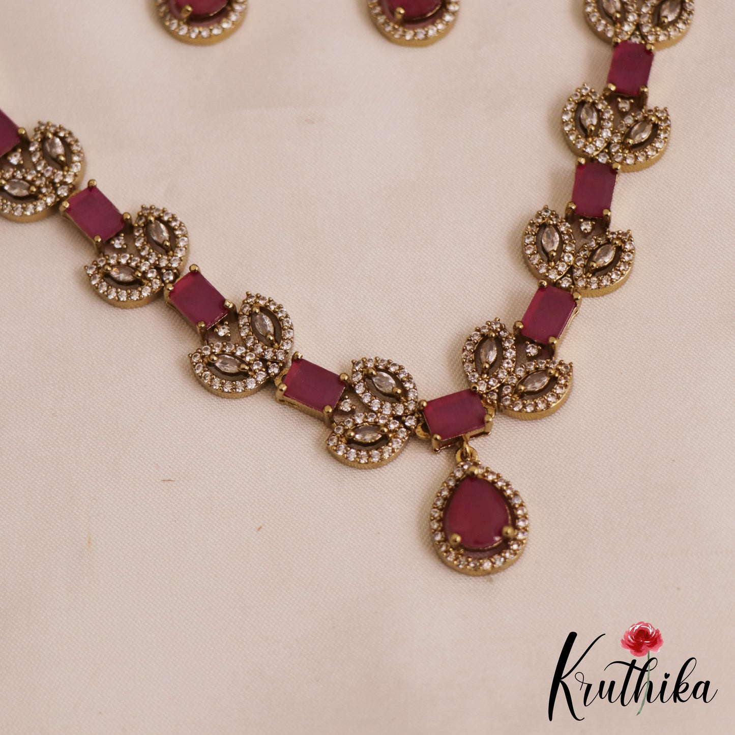 Sparkling Square Leaf Motifs AD Victorian Necklace NC2839 (Available In 3 Color)