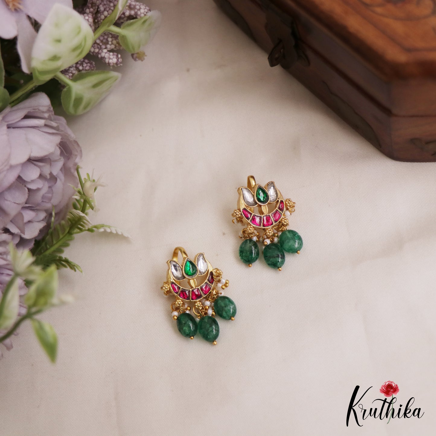 Elegant Jadau Earcuffs | Upper Earrings | Bugadi Earrings With Green Bead Drops E1066