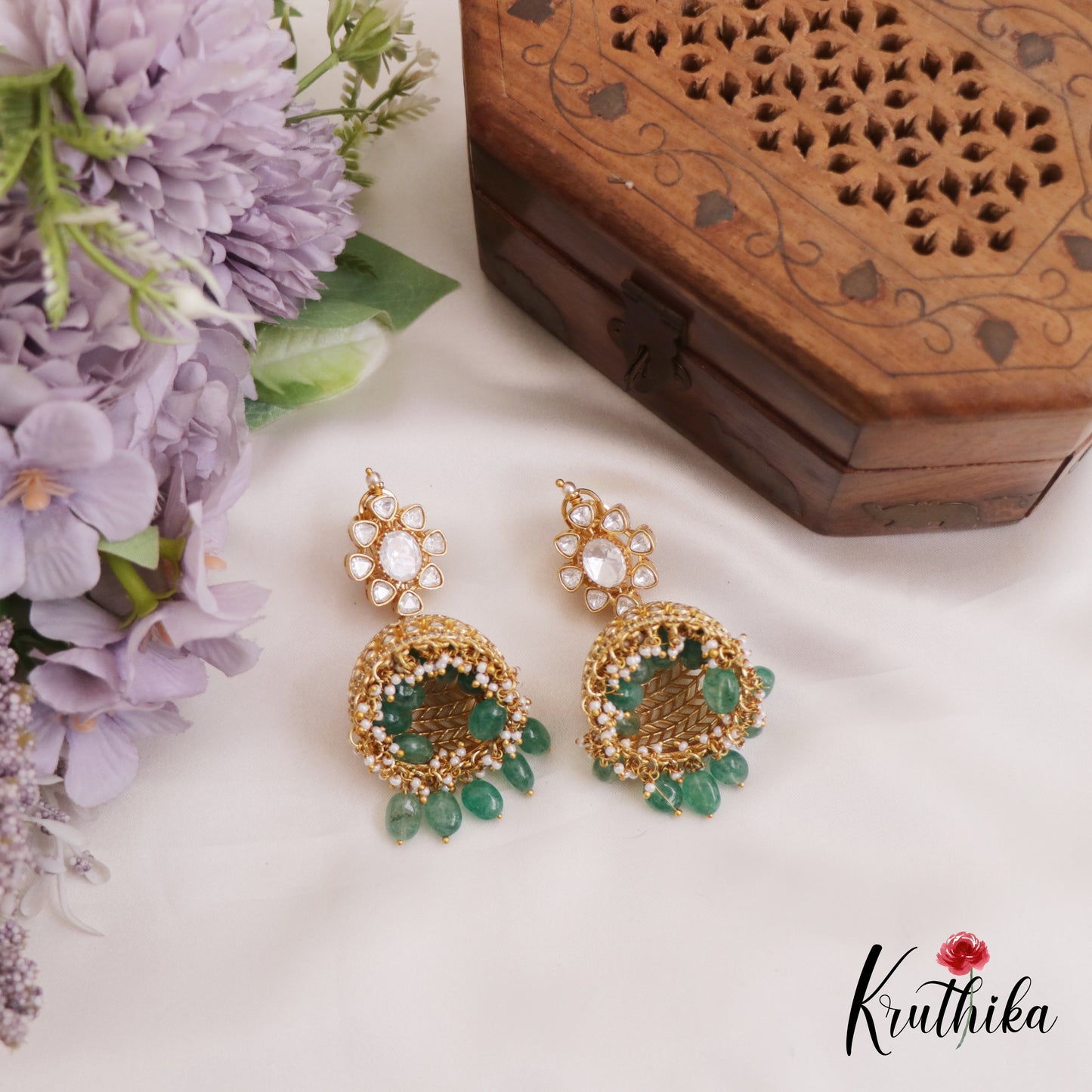 Gorgeous polki Mossanaite Jhumkas With Green Bead Drops E906