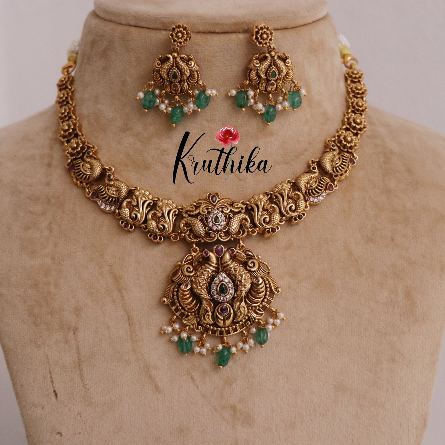 Beautiful Antique Peacock Necklace with Green Beads Drops NC2300