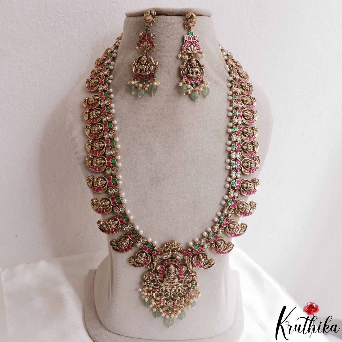 Grand Antique Nagas Mano Lakshmi Motifs Jadau Haaram With Green Bead Drops LH2165