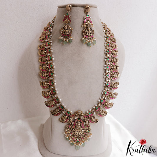 Grand Antique Nagas Mano Lakshmi Motifs Jadau Haaram With Green Bead Drops LH2165