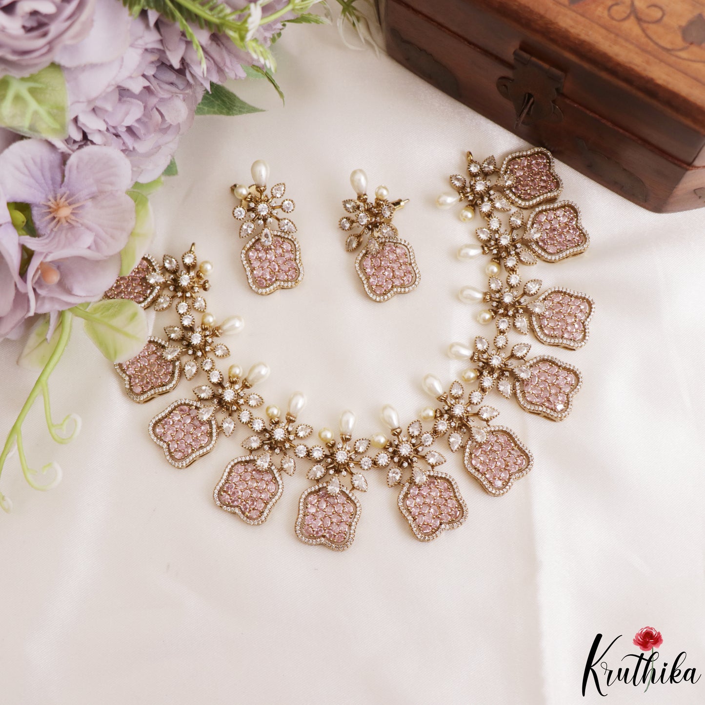 Stunning Floral Motifs CZ Victorian Necklace NC3065 (Available In 4 Colors)