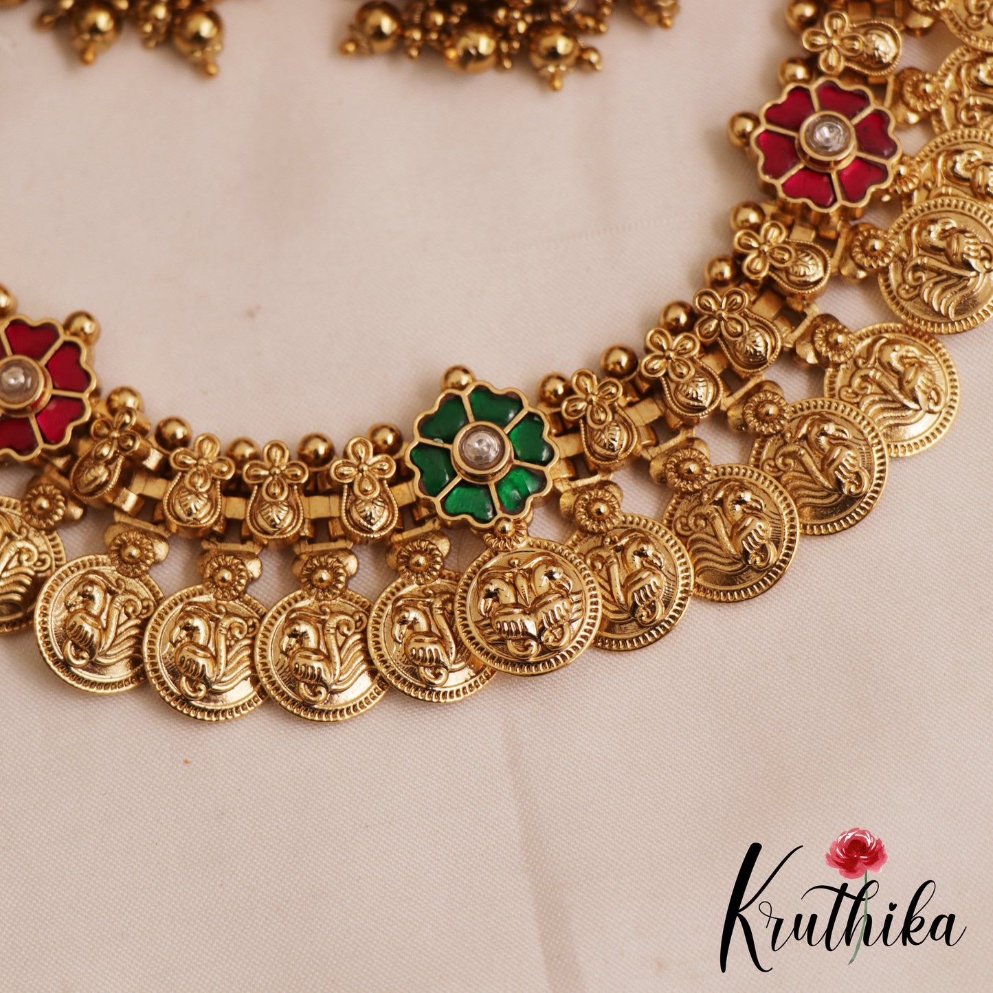 Beautiful Antique Peacock Motifs Kasu Jadau Choker NC2845 (Available In 2 Colors)