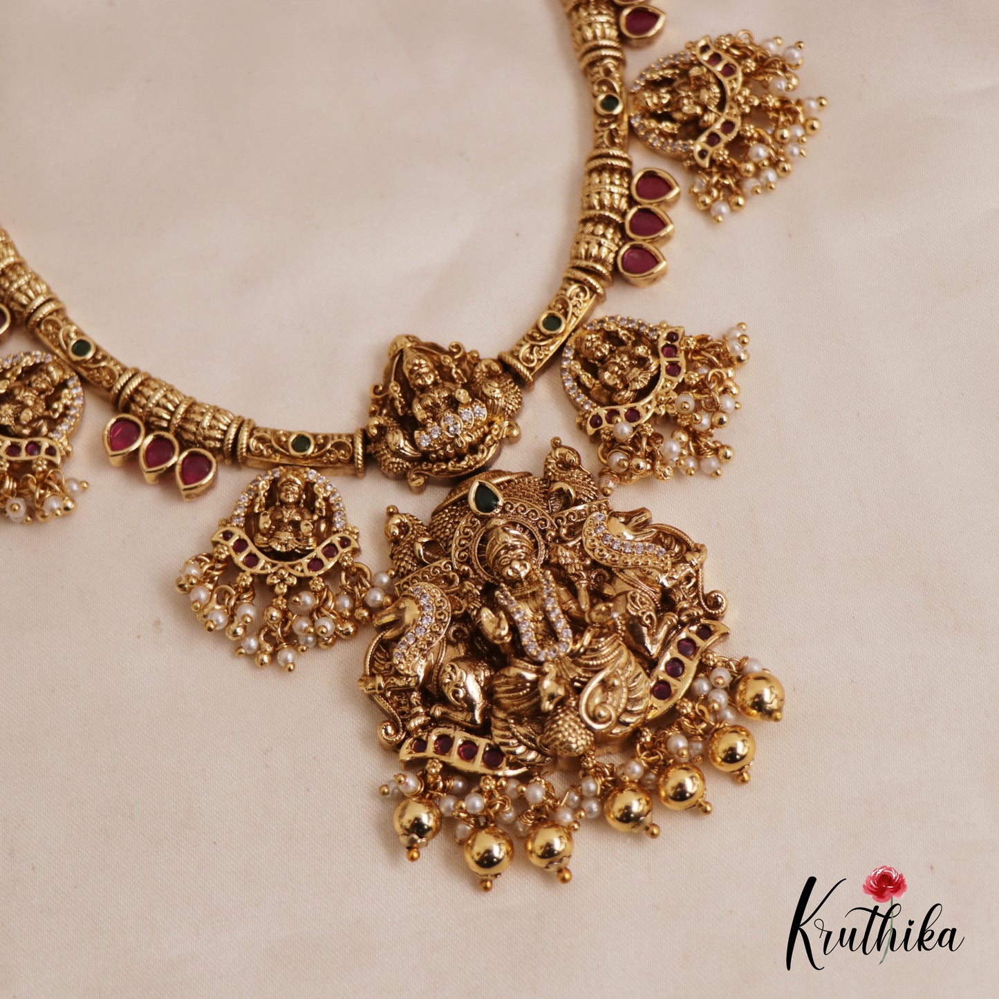 Premium Antique Nagas Lakshmi Peacock Necklace With Pearl And Bead Drops NC2580