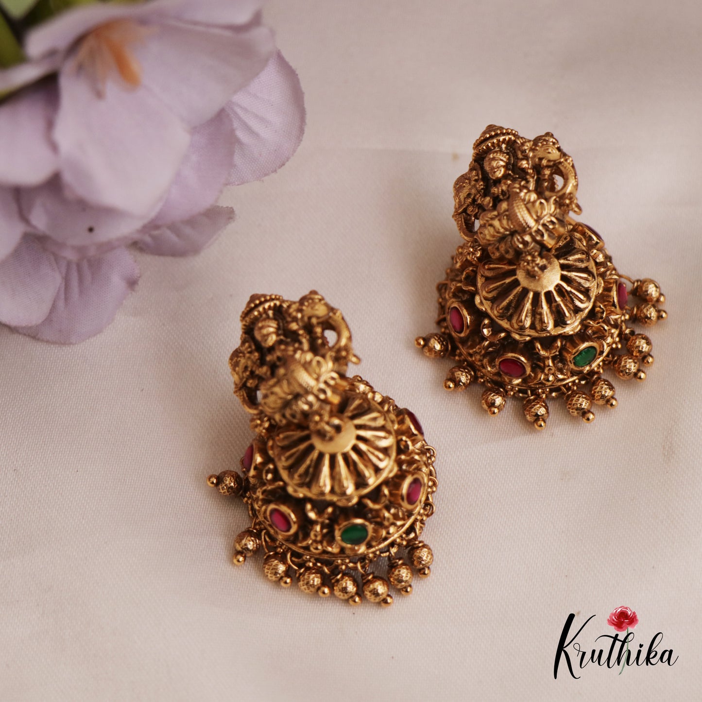 Classic Antique Lakshmi Motifs Kemp Jhumka With Bead Drops E985 (Available In 2 Colors)