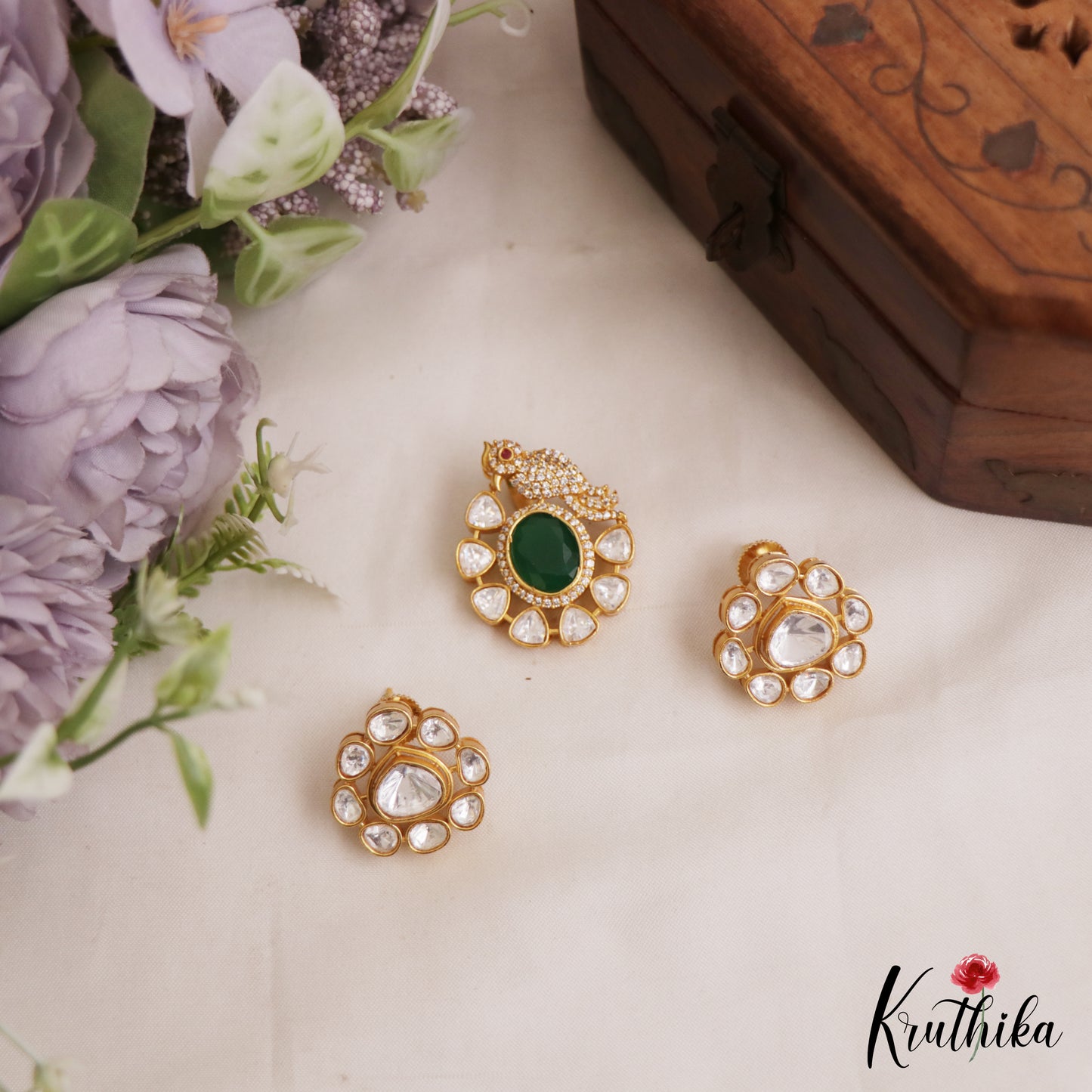 Pretty Floral Peacock Motifs Polki Victorian Pendant Set PS287 (Available In 2 Colors)