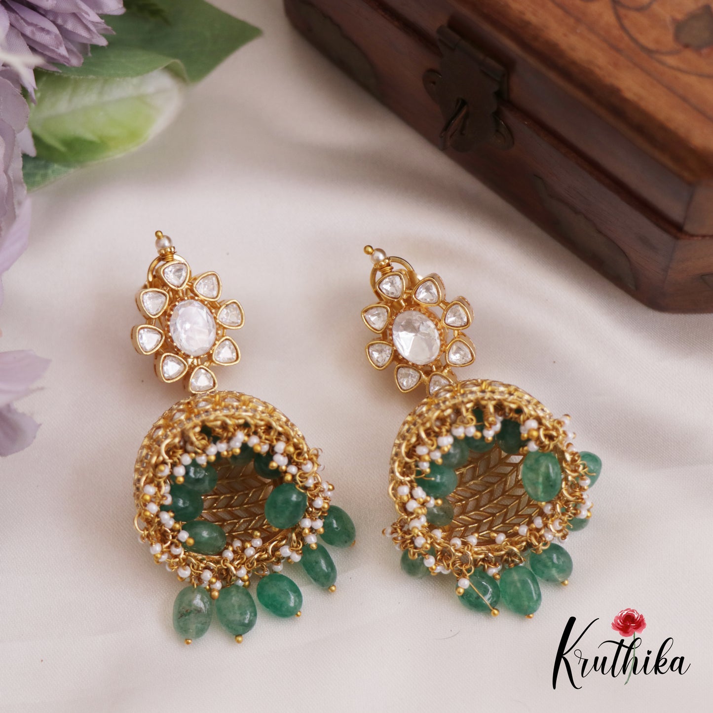 Gorgeous polki Mossanaite Jhumkas With Green Bead Drops E906