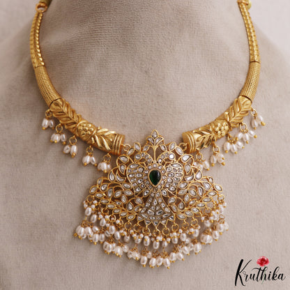 Gorgeous Peacock Motifs Jadau Hasli Necklace With Pearl Drops NC2970 (Available In 3 Colors)