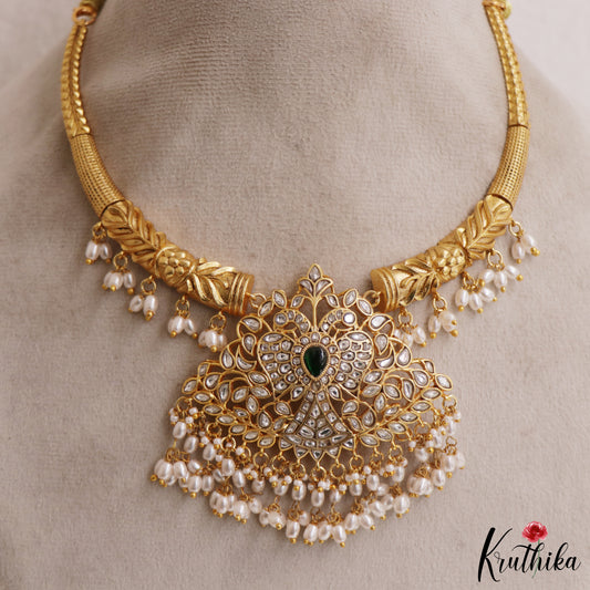 Gorgeous Peacock Motifs Jadau Hasli Necklace With Rice Pearl Drops NC2970 (Available In 3 Colors)