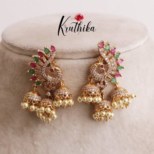 Beautiful AD Peacock Triple Jhumkas E518