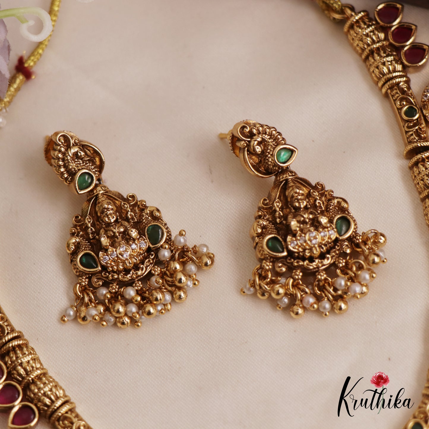 Premium Antique Nagas Lakshmi Peacock Necklace With Pearl And Bead Drops NC2580