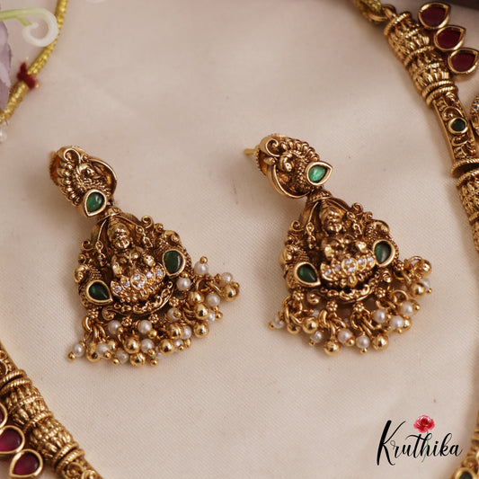 Premium Antique Nagas Lakshmi Peacock Necklace With Pearl And Bead Drops NC2580