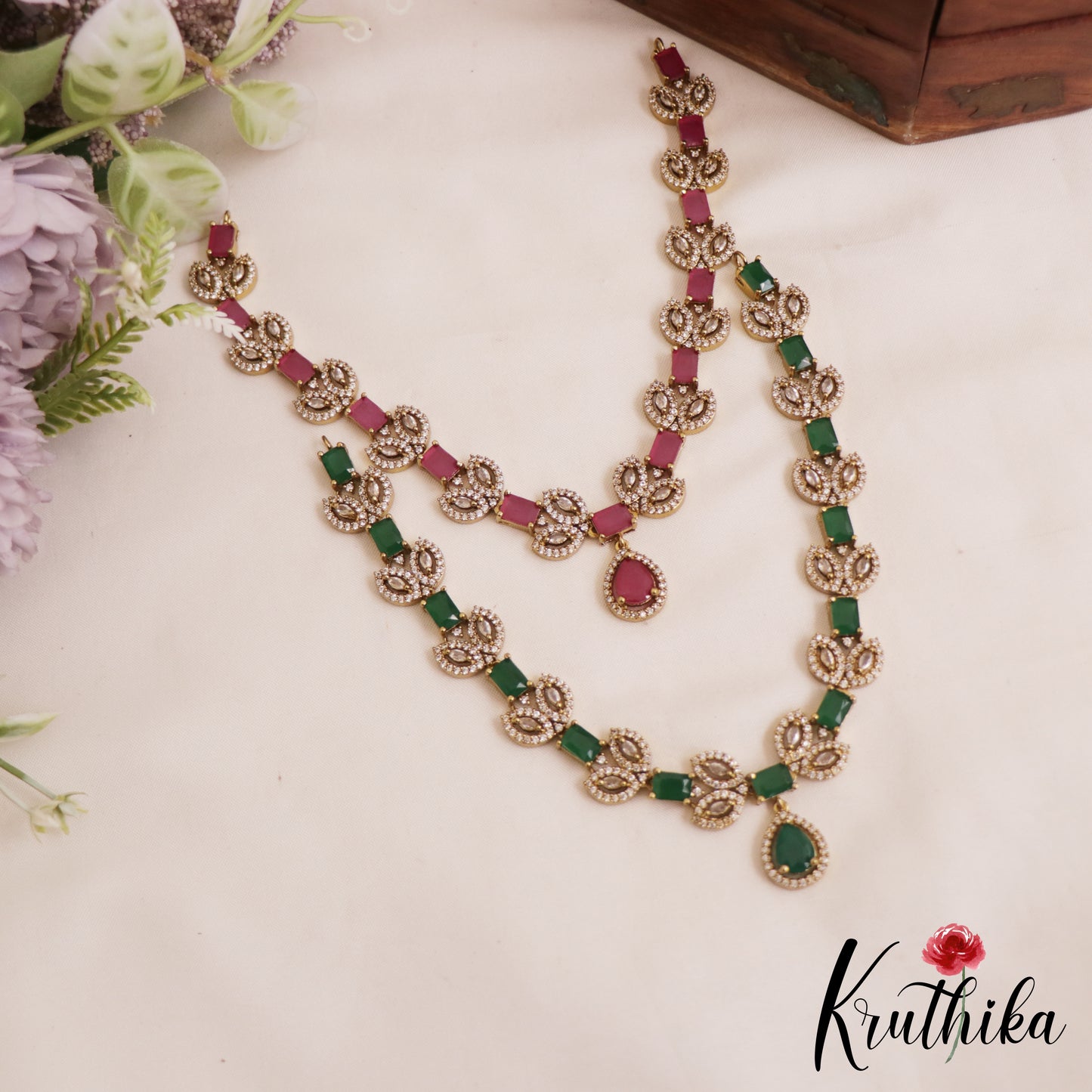 Sparkling Square Leaf Motifs AD Victorian Necklace NC2839 (Available In 3 Color)