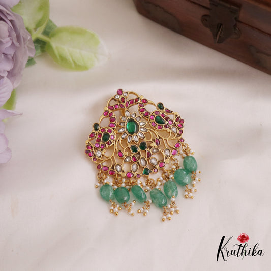 Stunning Peacock Motifs Jadau Pendant With Green Bead Drops PS268