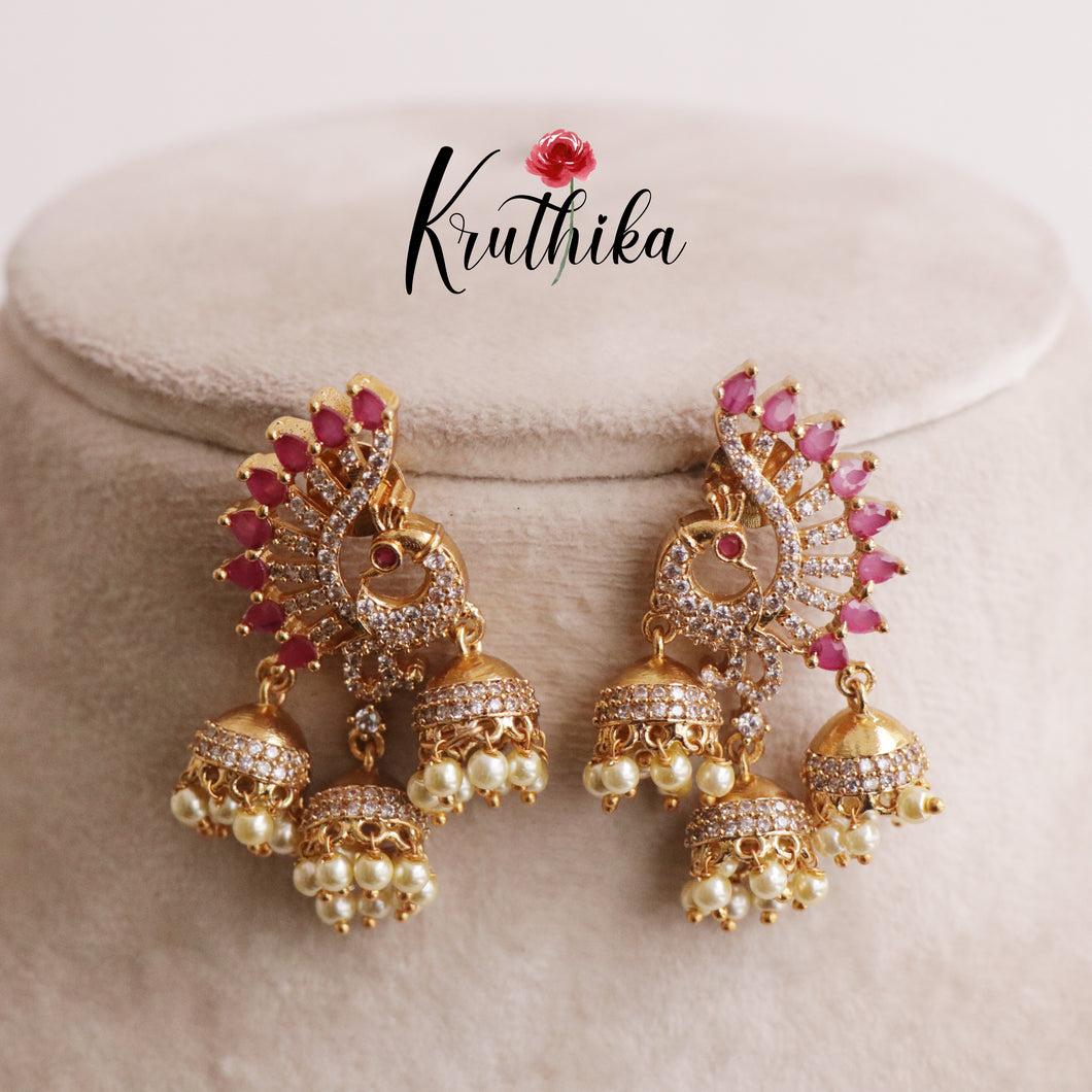 Beautiful AD Peacock Triple Jhumkas E518
