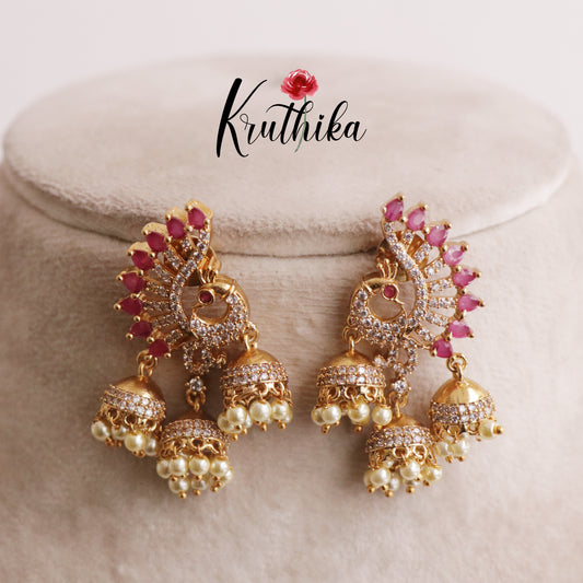 Beautiful AD Peacock Triple Jhumkas E518