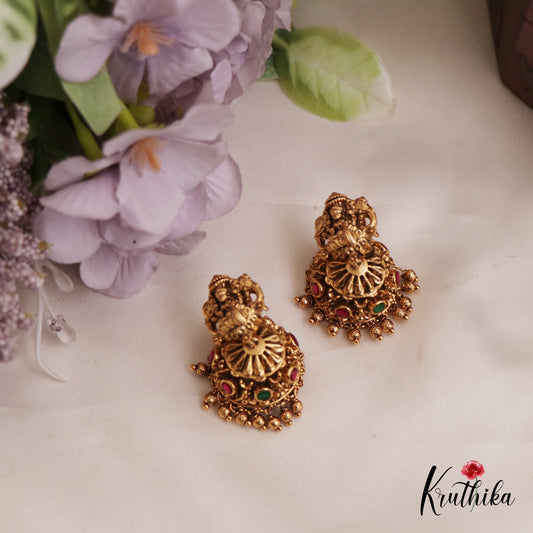 Classic Antique Lakshmi Motifs Kemp Jhumka With Bead Drops E985 (Available In 2 Colors)