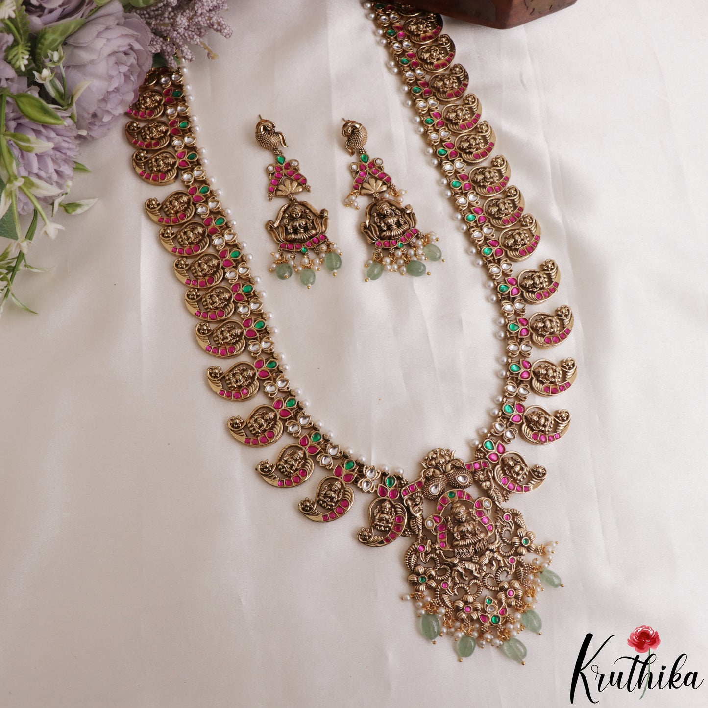 Grand Antique Nagas Mano Lakshmi Motifs Jadau Haaram With Green Bead Drops LH2165