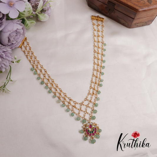 Trendy Pastel Green Beads Layered Floral Jadau Pendant Necklace NC2504
