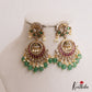 Beautiful Peacock Motifs Chandbali Jadau Earrings With Green Bead Drops E1094