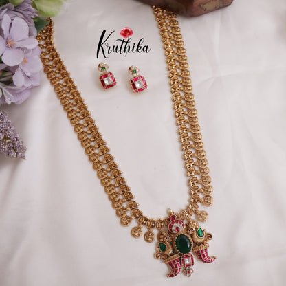 Beautiful Jadau Lakshmi Coin Haaram with Peacock Puligoru Pendant LH1955