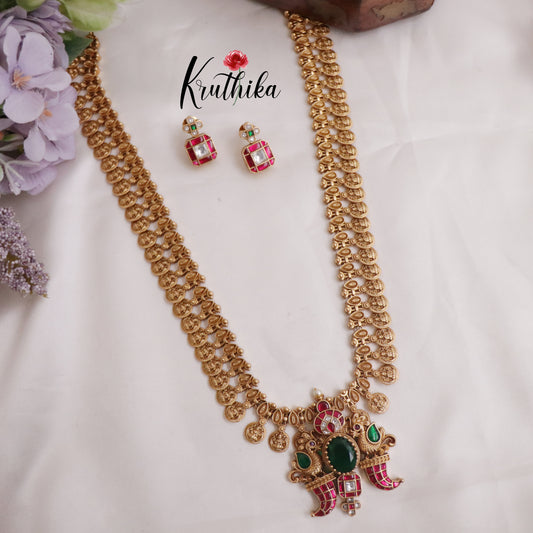 Beautiful Jadau Lakshmi Coin Haaram with Peacock Puligoru Pendant LH1955