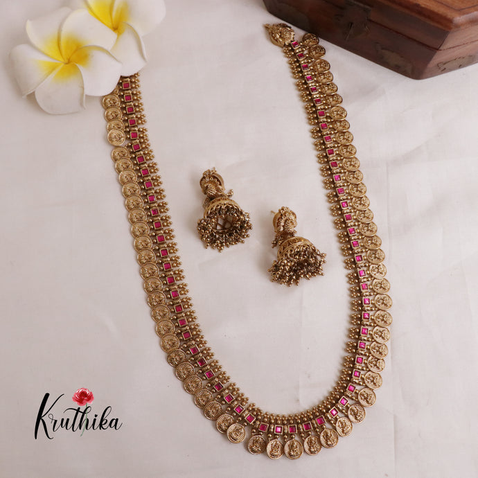 Premium Jadau Lakshmi Coin/Bottu Haaram LH1883 (Available in 4 Colours)