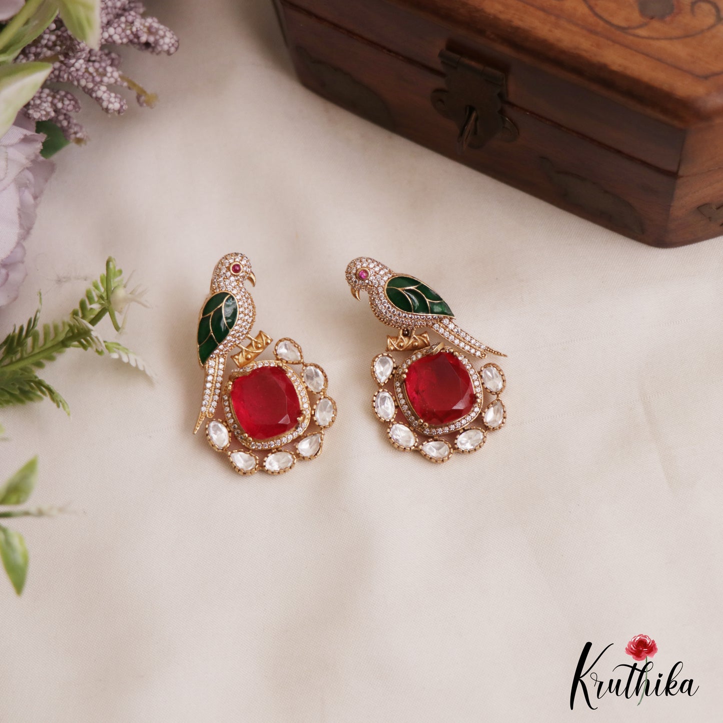 Gorgeous Parrot Motif Polki Victorian Stud Earrings E1099 (Available In 5 Colors)