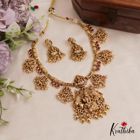 Premium Antique Nagas Lakshmi Peacock Necklace With Pearl And Bead Drops NC2580