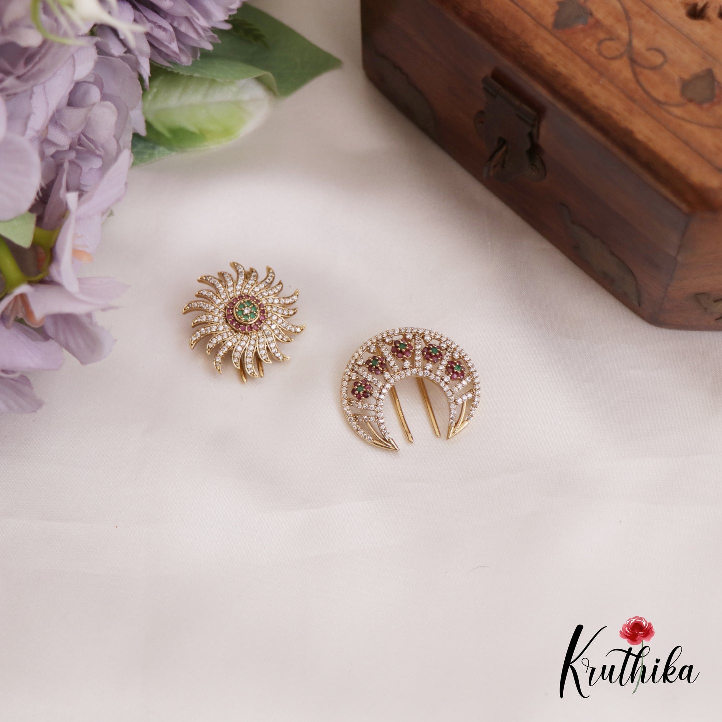 Trendy Floral AD Sparkling Chandra Surya Hair Ornaments J336