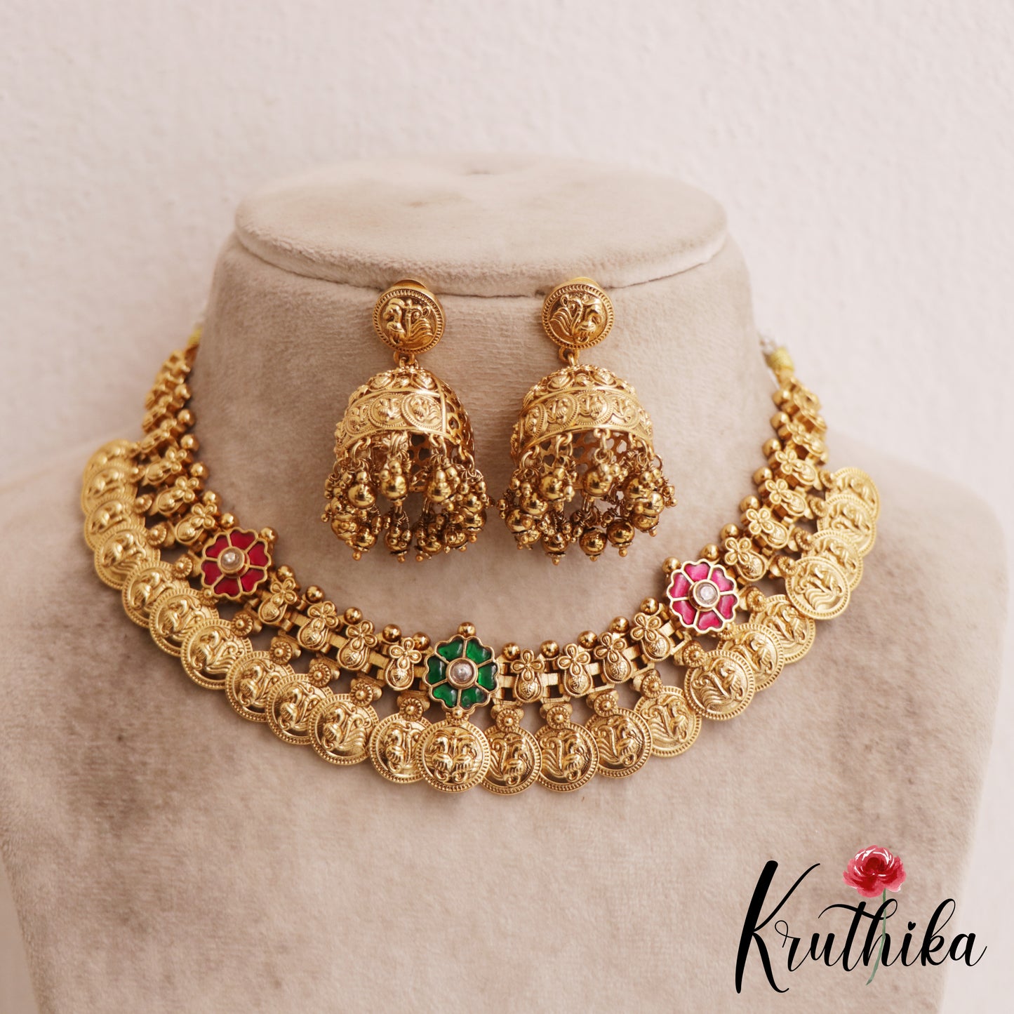 Beautiful Antique Peacock Motifs Kasu Jadau Choker NC2845 (Available In 2 Colors)