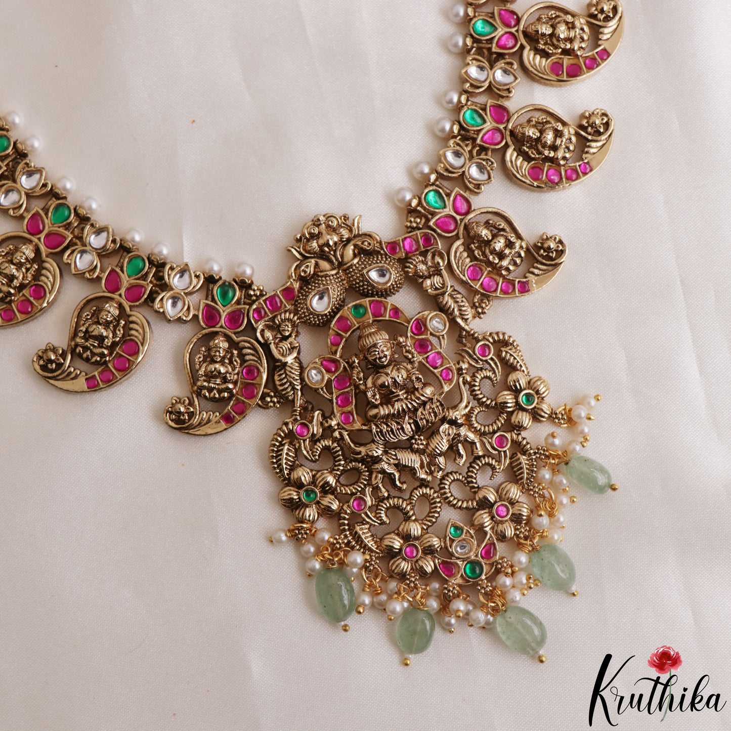 Grand Antique Nagas Mano Lakshmi Motifs Jadau Haaram With Green Bead Drops LH2165