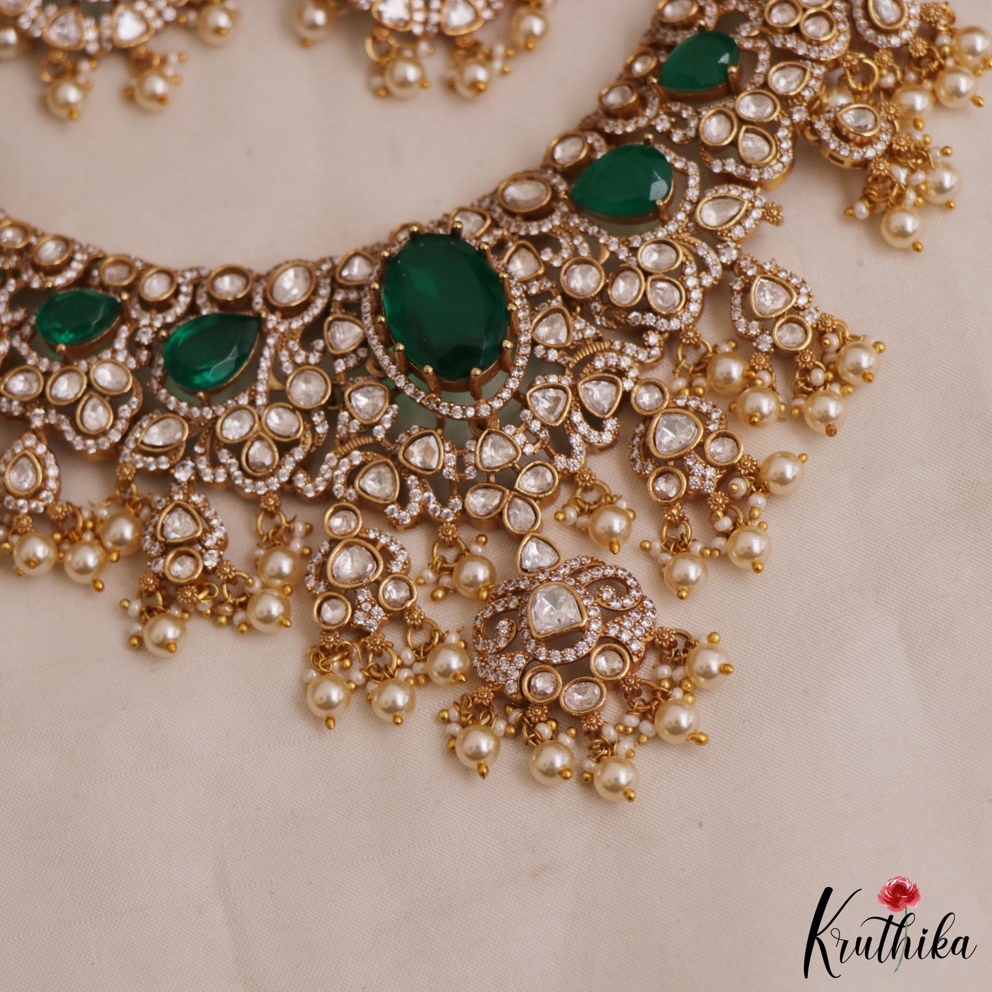 Gorgeous Geometric Motifs Victorian Moissanite Choker With Pearl Drops NC2964 (Available In 2 Colors)