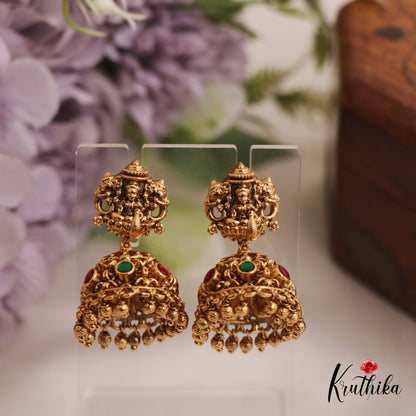 Classic Antique Lakshmi Motifs Kemp Jhumka With Bead Drops E985 (Available In 2 Colors)