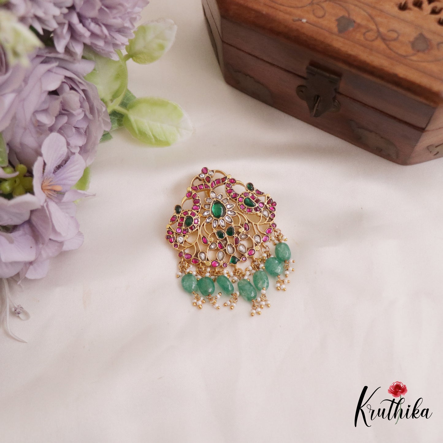 Stunning Peacock Motifs Jadau Pendant With Green Bead Drops PS268