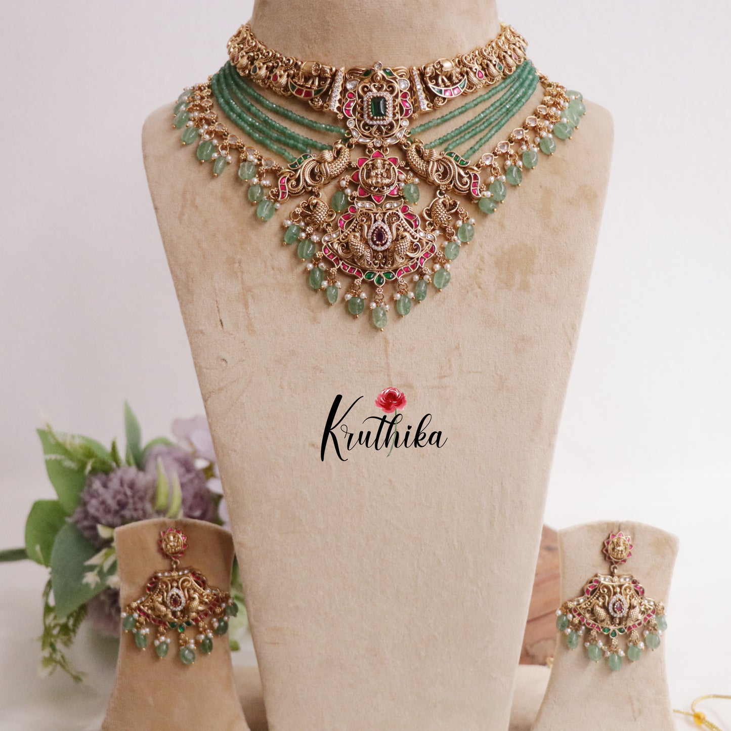 Grand Emerald Beads Temple Lakshmi Jadau Choker NC2225