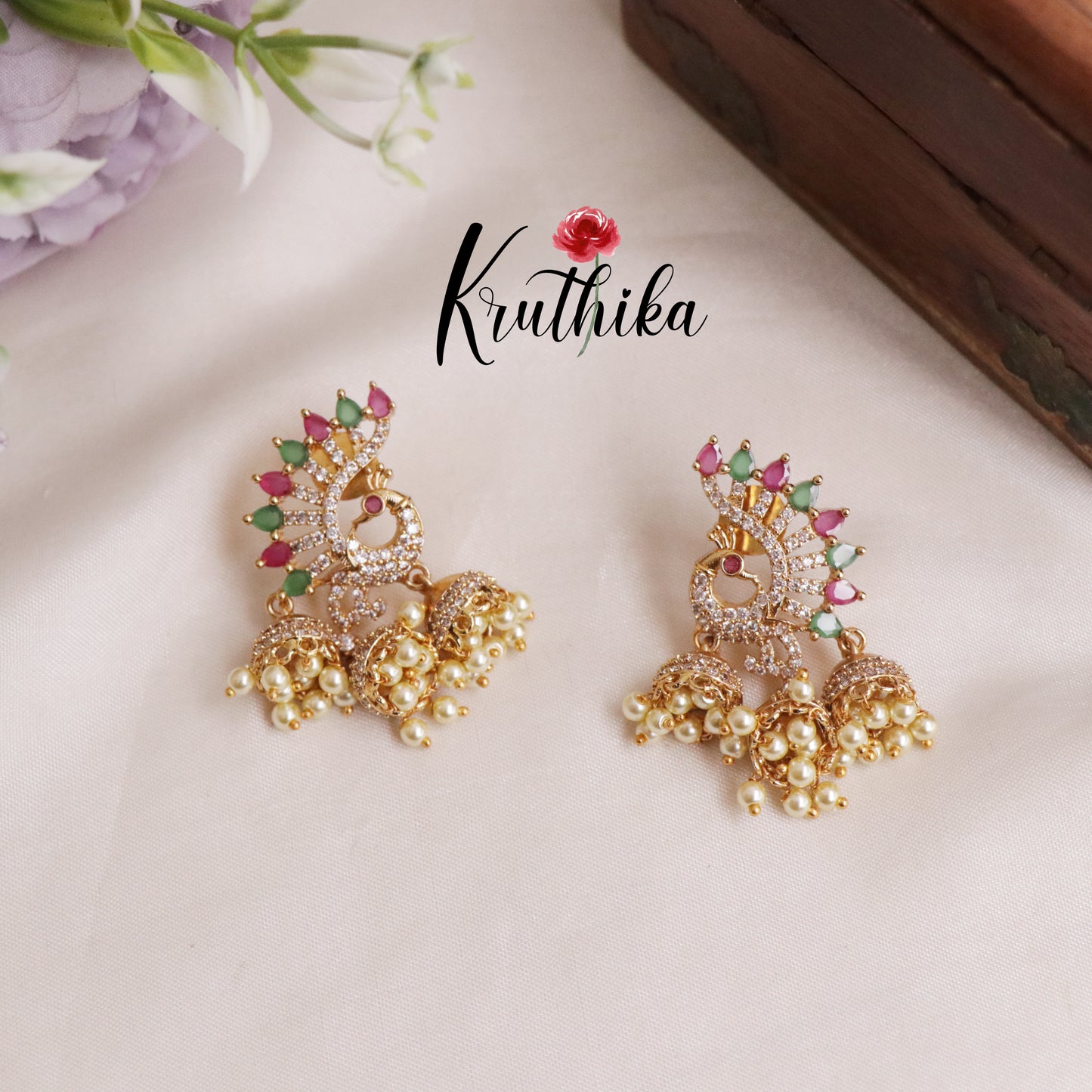 Beautiful AD Peacock Triple Jhumkas E518