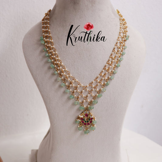 Trendy Pastel Green Beads Layered Floral Jadau Pendant Necklace NC2504