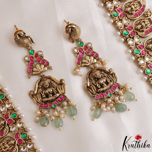 Grand Antique Nagas Mano Lakshmi Motifs Jadau Haaram With Green Bead Drops LH2165