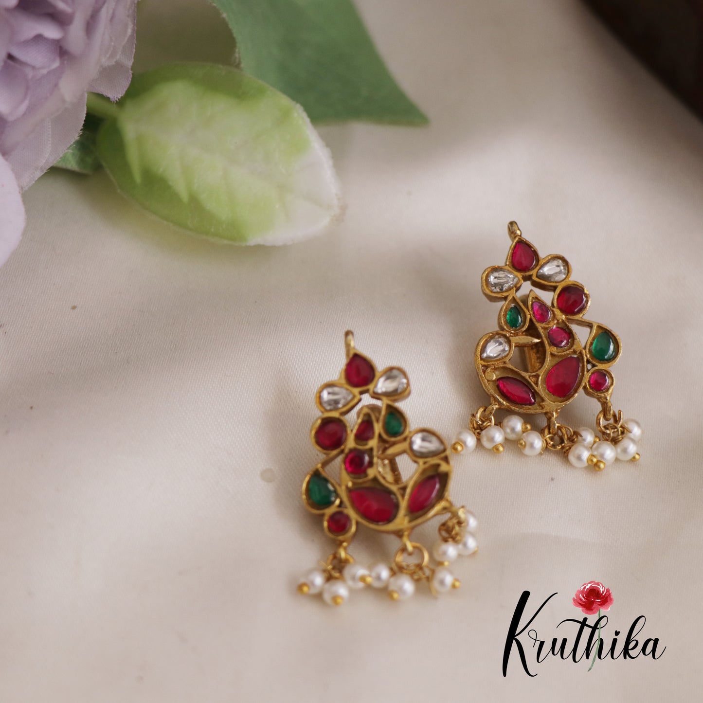 Pretty Jadau Peacock Earcuffs | Upper Earrings | Bugadi Earrings With Pearl Drops E854