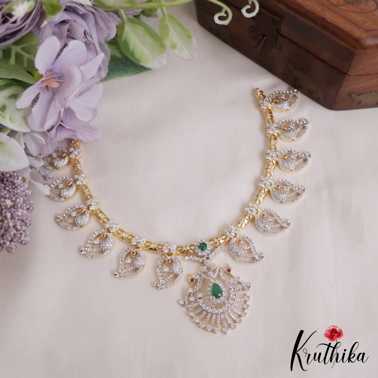 Beautiful CZ Sparkling Mango and Peacock Pendant Necklace NC2218