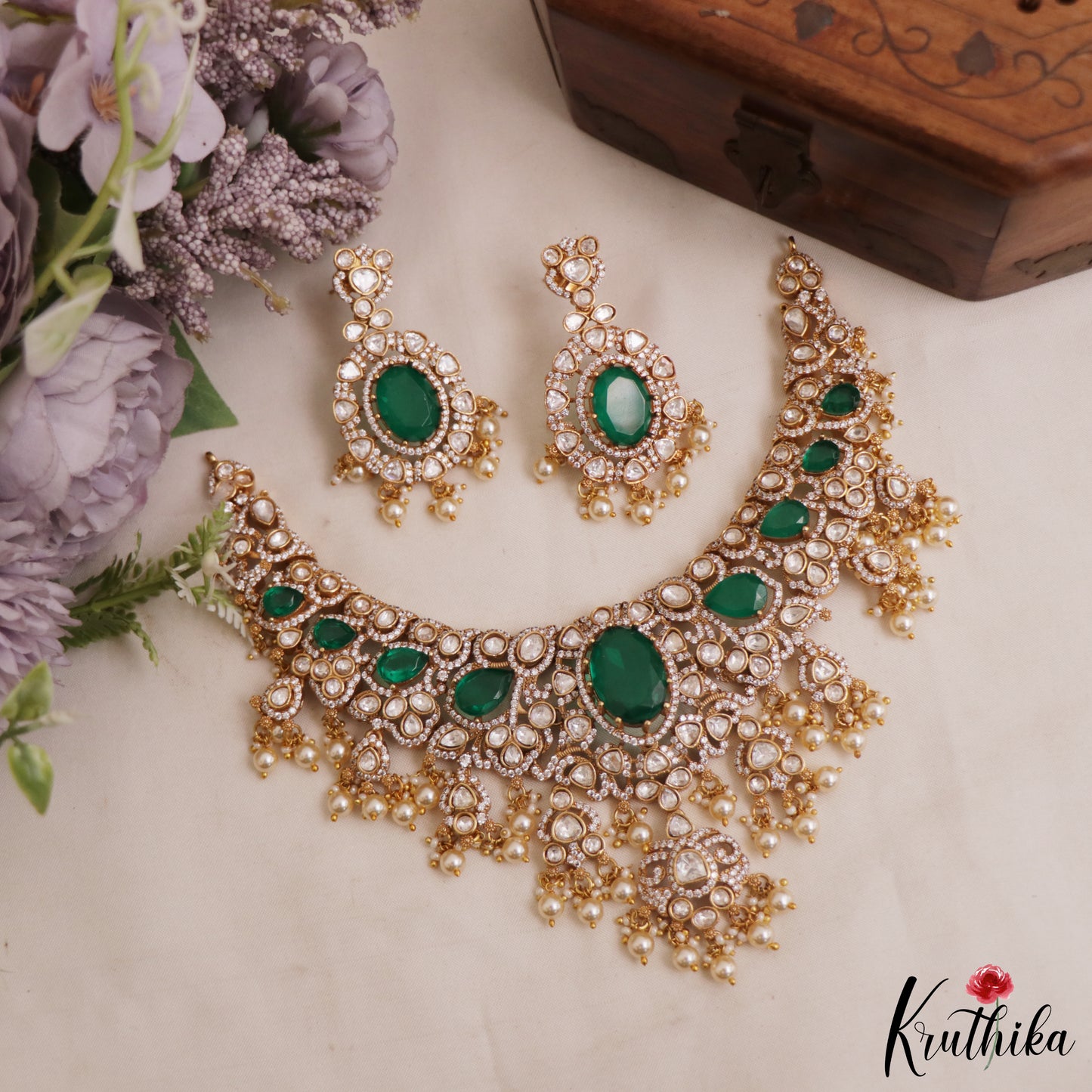Gorgeous Geometric Motifs Victorian Moissanite Choker With Pearl Drops NC2964 (Available In 2 Colors)