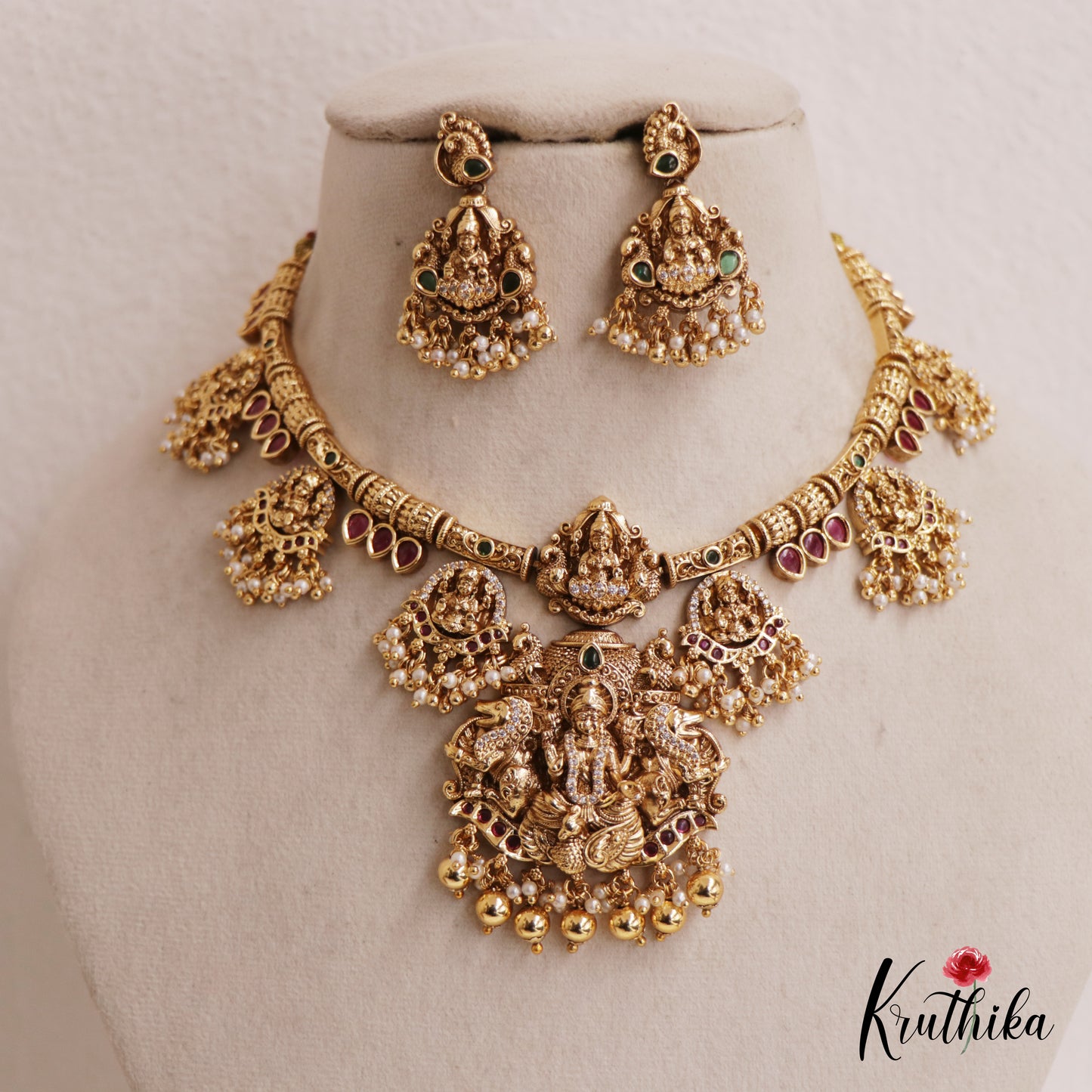 Premium Antique Nagas Lakshmi Peacock Necklace With Pearl And Bead Drops NC2580