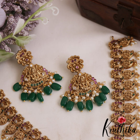 Gorgeous Antique Nagas Lakshmi Mango Motifs Temple Necklace With Green Bead Drops NC2891