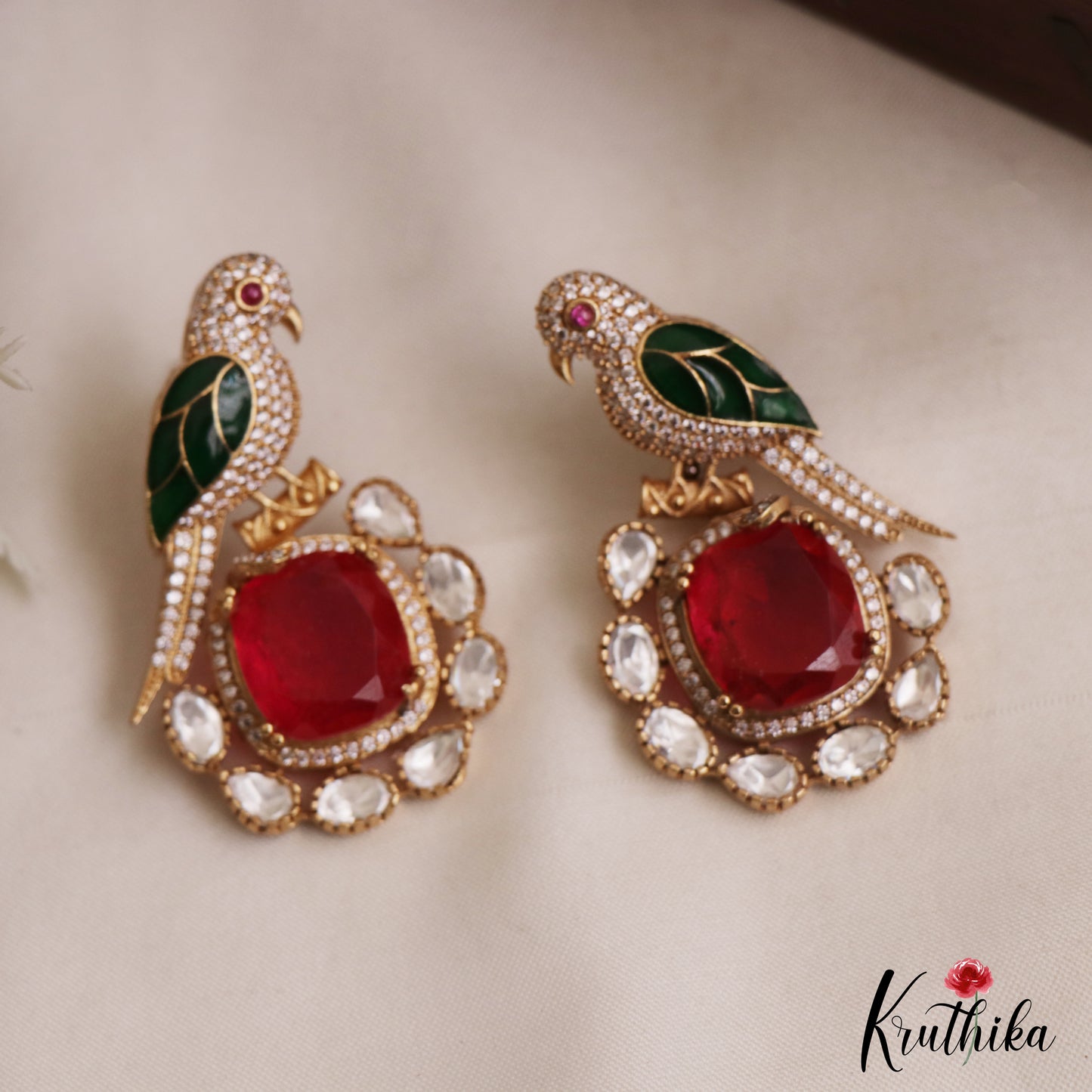 Gorgeous Parrot Motif Polki Victorian Stud Earrings E1099 (Available In 5 Colors)